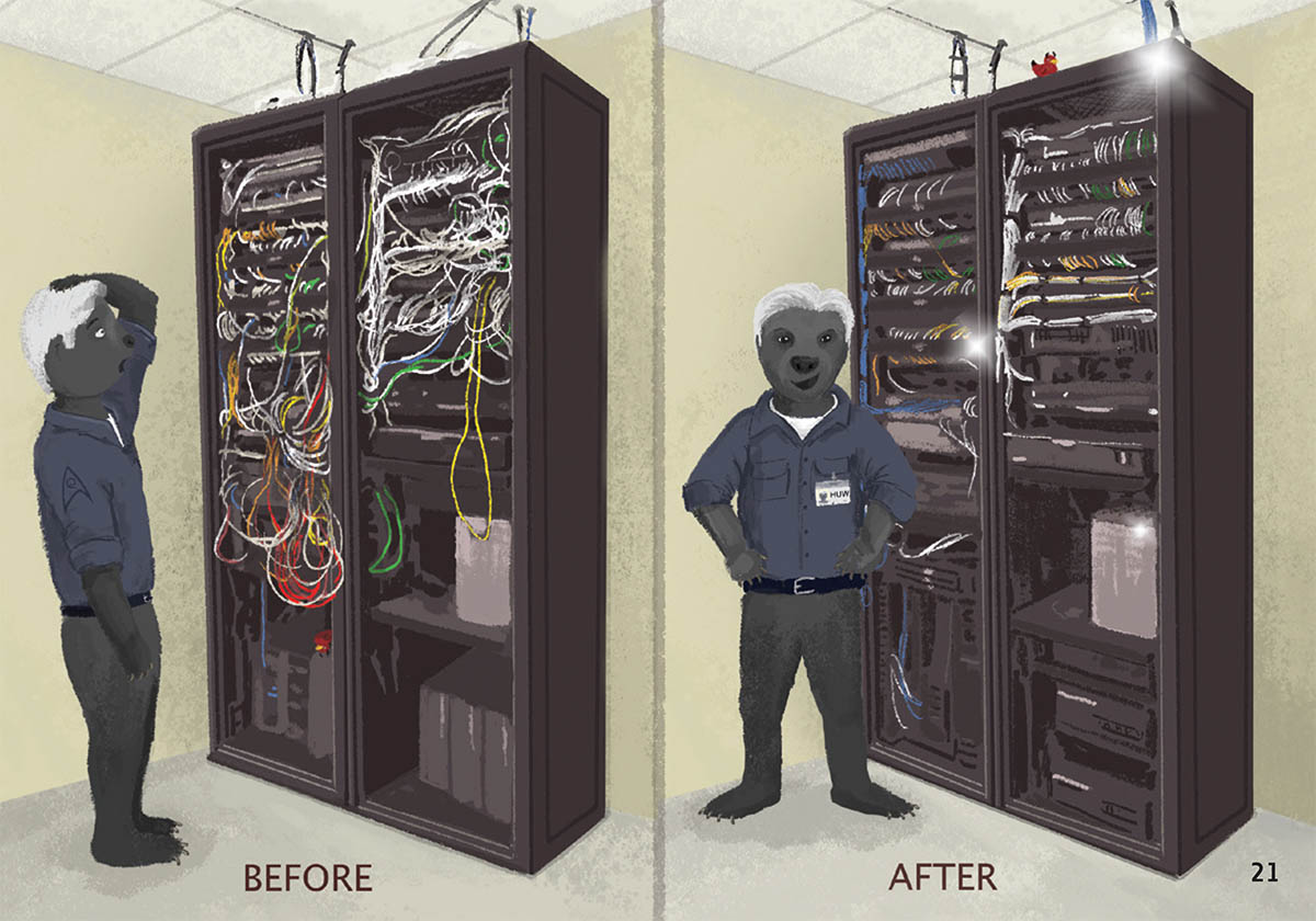 An illustration of a janitor organizing the cables in a server room
