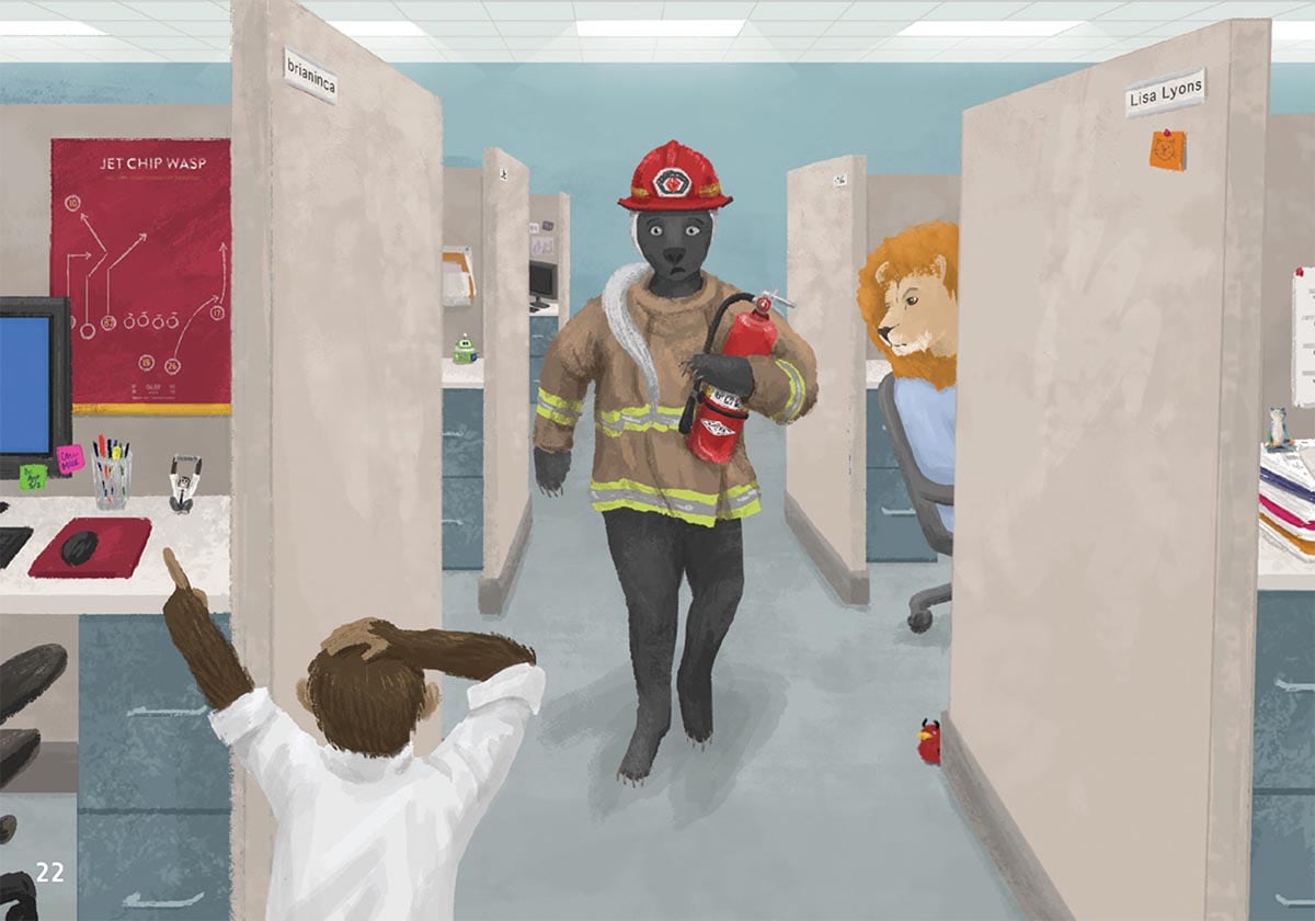 An illustration of a firefighter walking through an office, carrying a fire extinguisher